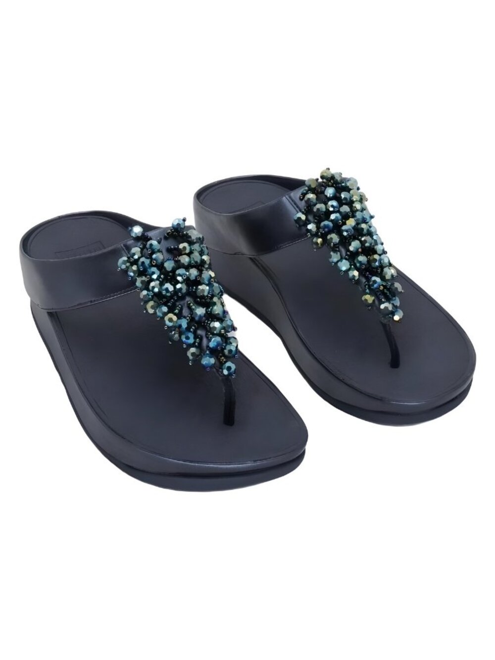 FitFlop Rumba Iridescent Beaded Metallic Midnight Navy Toe-Post Sandals Sz 7M
